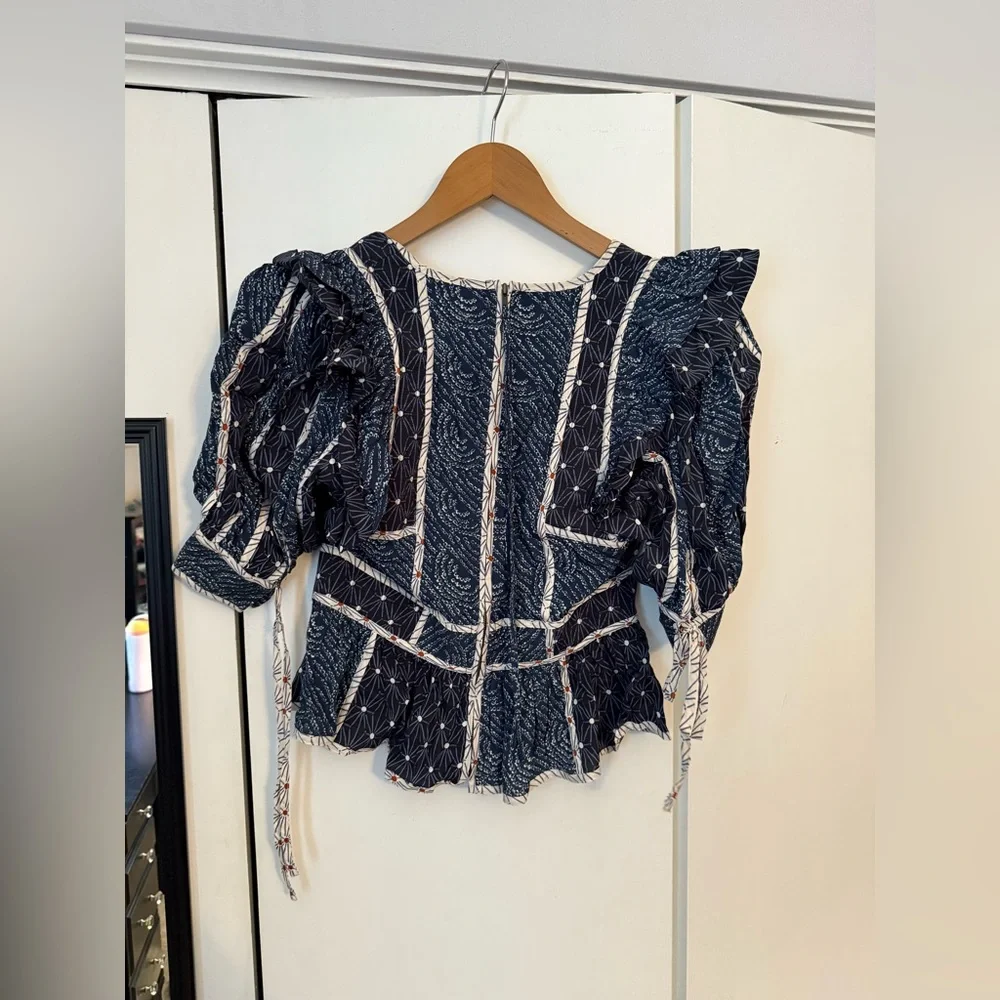Ulla Johnson Navy Blue Printed Peplum Top